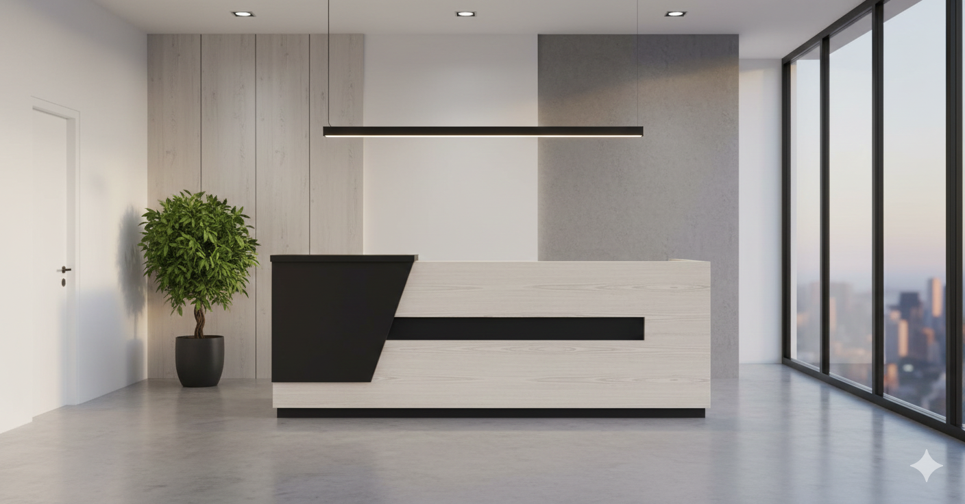 A minimalist, modern corporate reception area featuring a linear reception desk as the centerpiece.