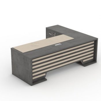 "A modern L-shaped executive desk in charcoal grey featuring a slatted front design and a beige desk pad."