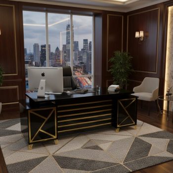 "A luxury black faux-marble executive desk featuring horizontal gold bars and geometric gold inlay panels on the front pedestals."