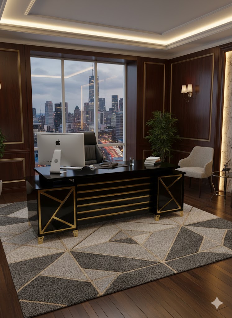 "A luxury black faux-marble executive desk featuring horizontal gold bars and geometric gold inlay panels on the front pedestals."