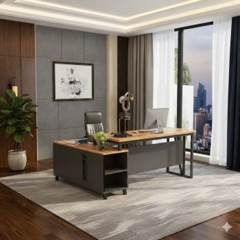 "A modern L-shaped industrial executive desk featuring a light oak wood top, a matte grey metal frame, and an attached side storage cabinet."
