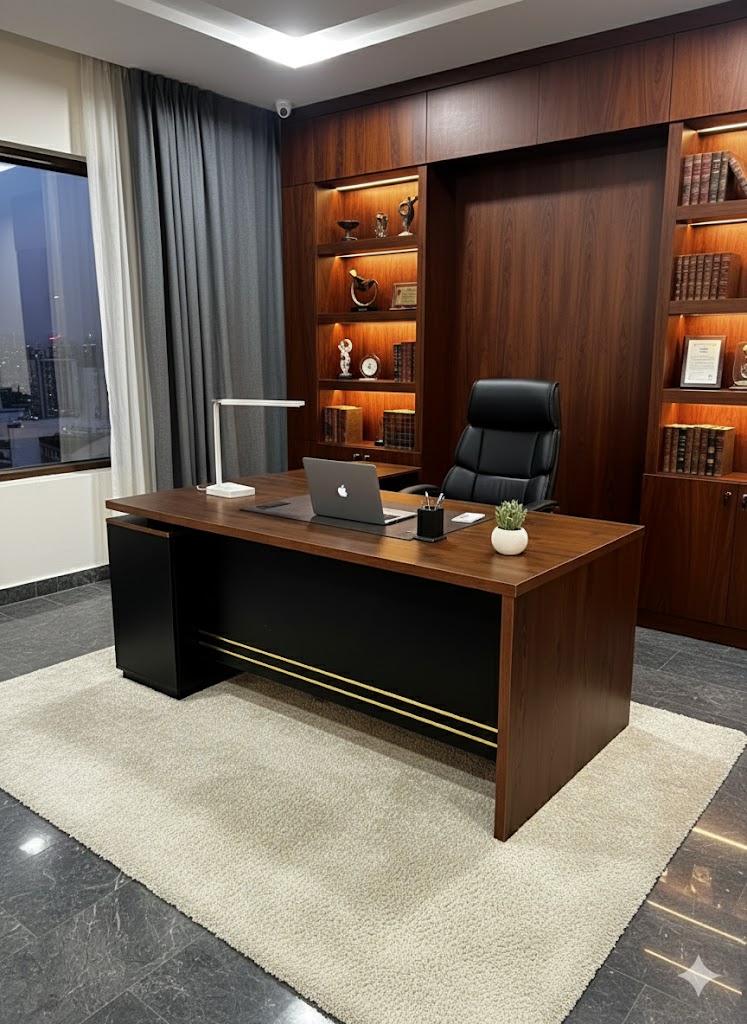 "A classic walnut wood executive desk with a matte black front modesty panel and horizontal gold accent bars."