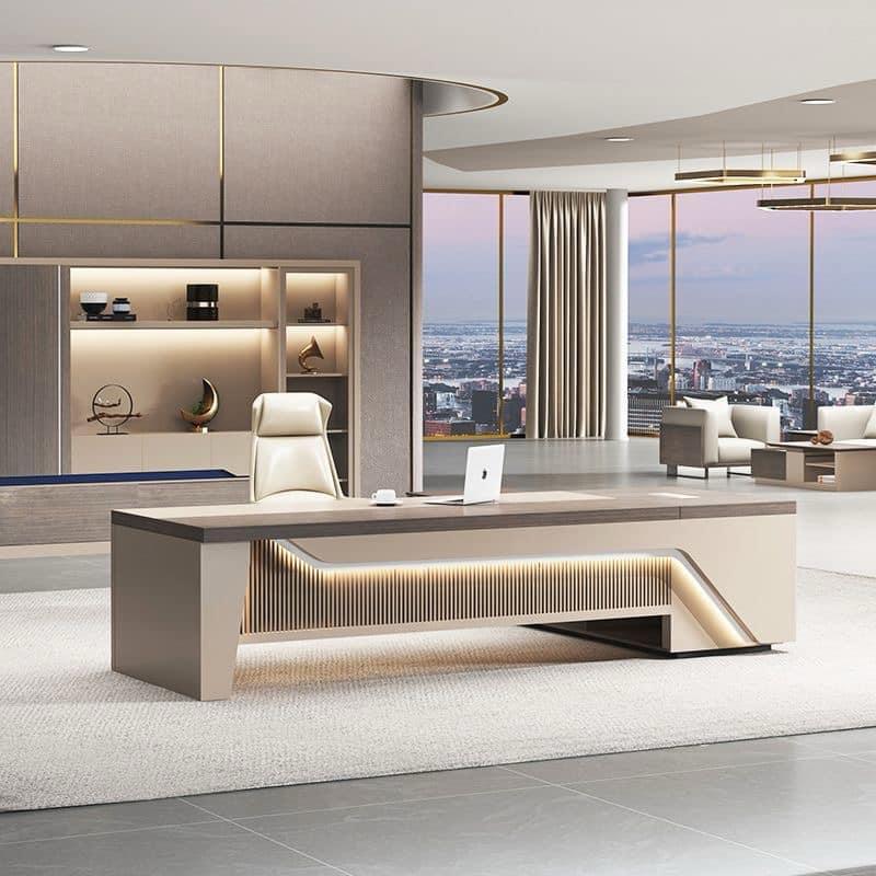 "A luxury cream and beige executive desk featuring a modern slatted front panel with integrated LED accent lighting."