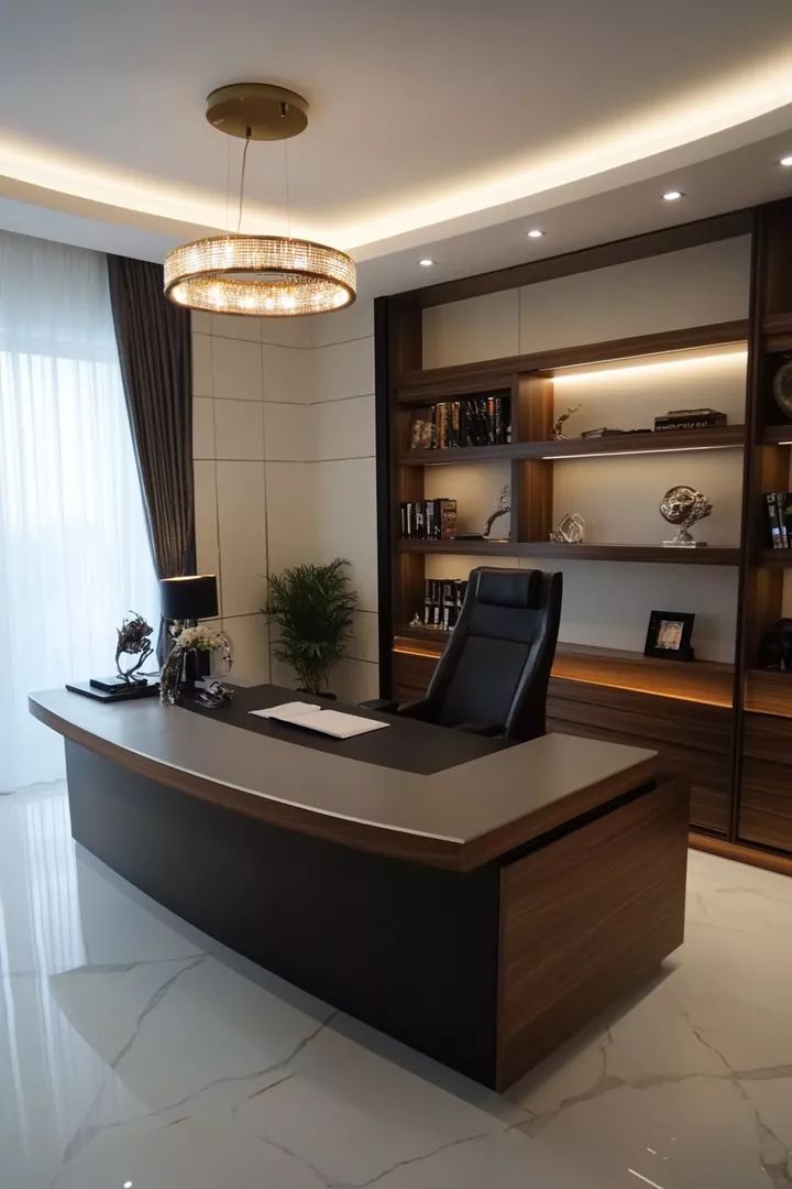 "A luxury curved executive desk featuring a dark walnut base, a grey desktop with a built-in black writing mat, and a matching black high-back leather chair."