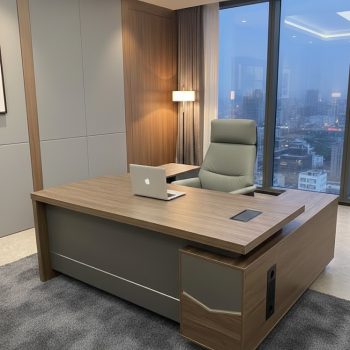 "A contemporary walnut wood and matte grey L-shaped executive desk featuring an elevated top surface and built-in power outlets."