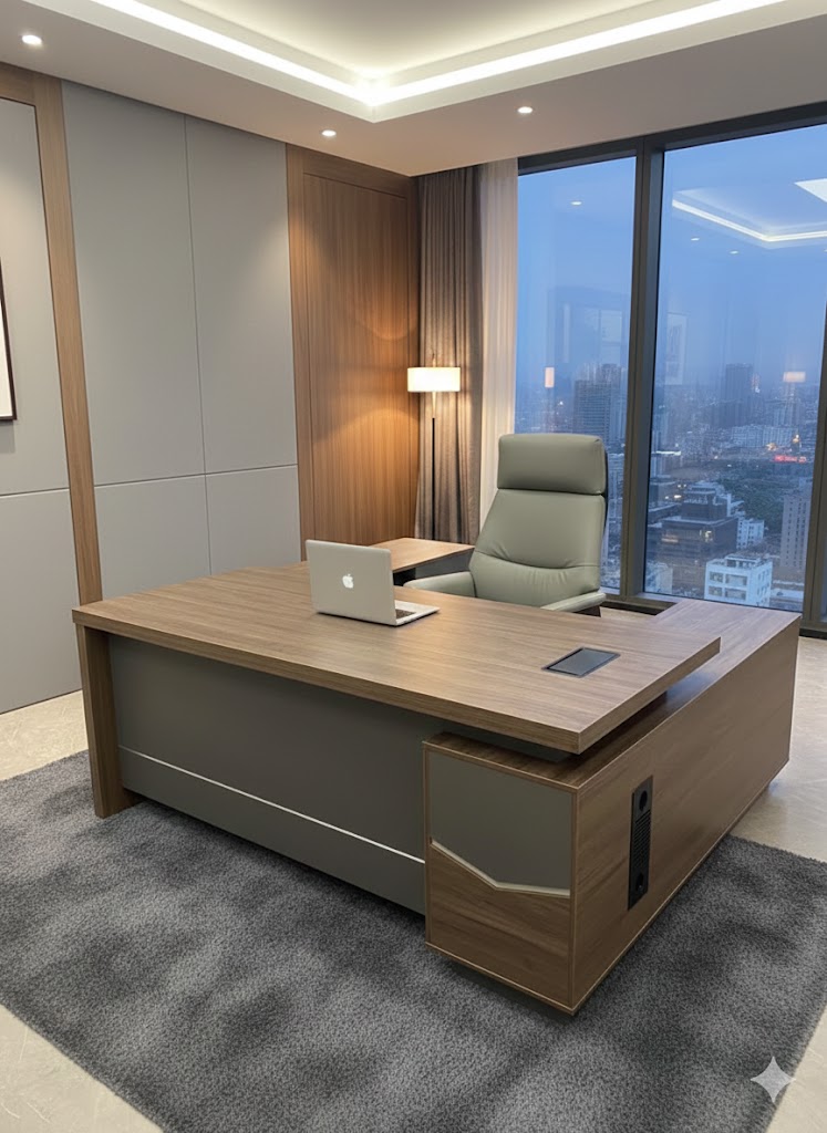 "A contemporary walnut wood and matte grey L-shaped executive desk featuring an elevated top surface and built-in power outlets."