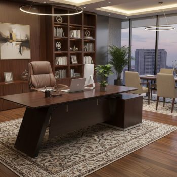 "A large, modern dark wood executive desk featuring an angled leg design and an attached low-profile side return."