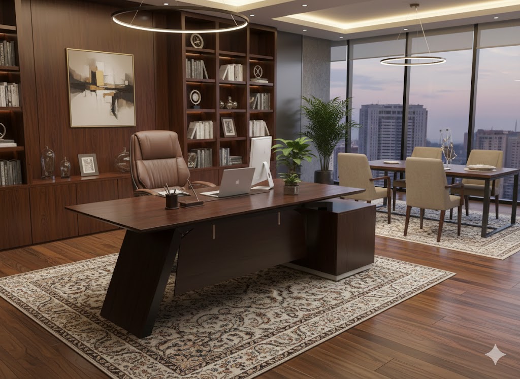 "A large, modern dark wood executive desk featuring an angled leg design and an attached low-profile side return."