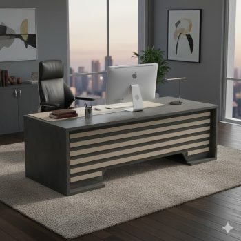 "A modern charcoal grey executive desk featuring a front modesty panel with horizontal light beige wooden slats."