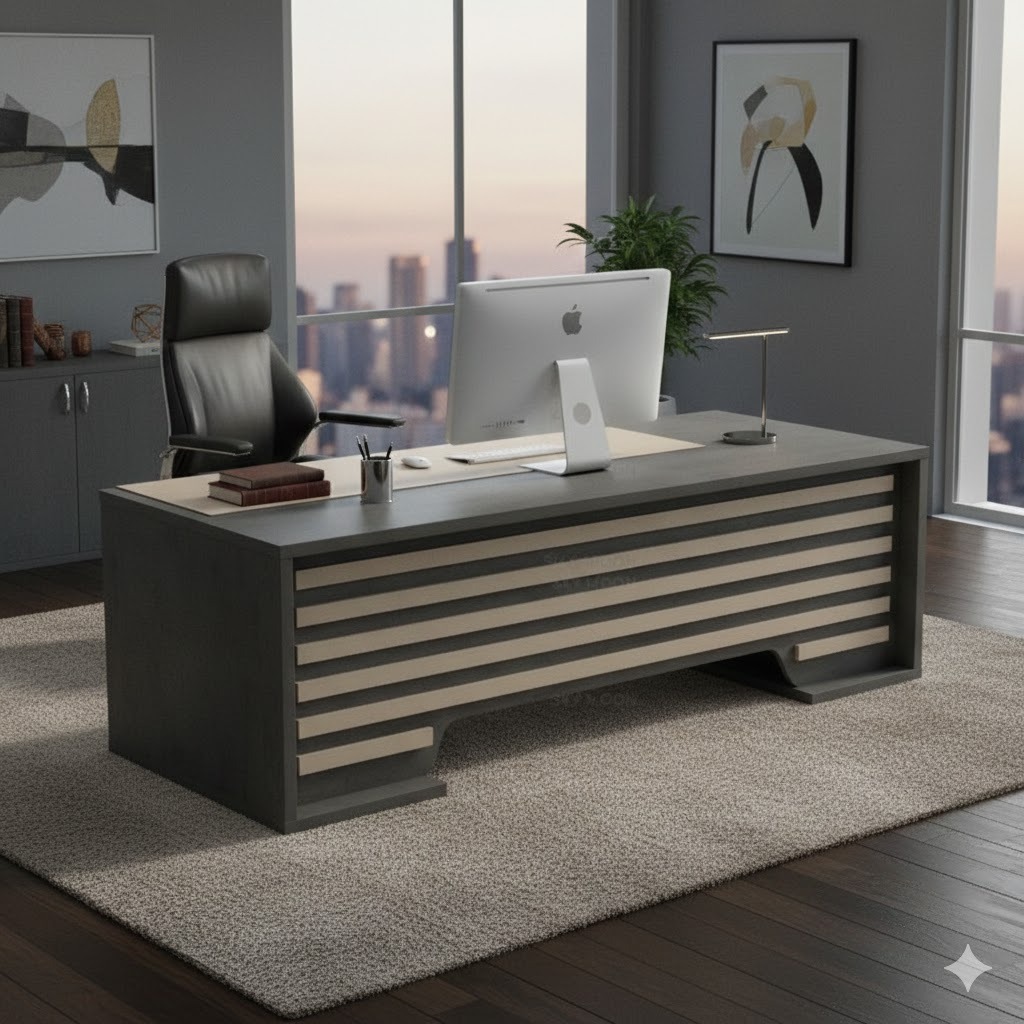 "A modern charcoal grey executive desk featuring a front modesty panel with horizontal light beige wooden slats."
