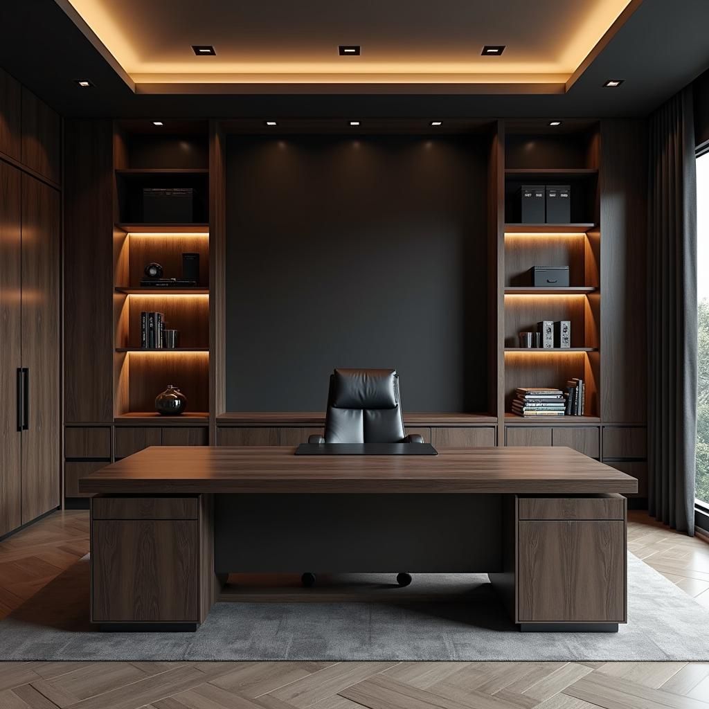 A modern, luxurious executive office featuring a dark wood desk, black leather chair, and built-in bookshelves with warm accent lighting.