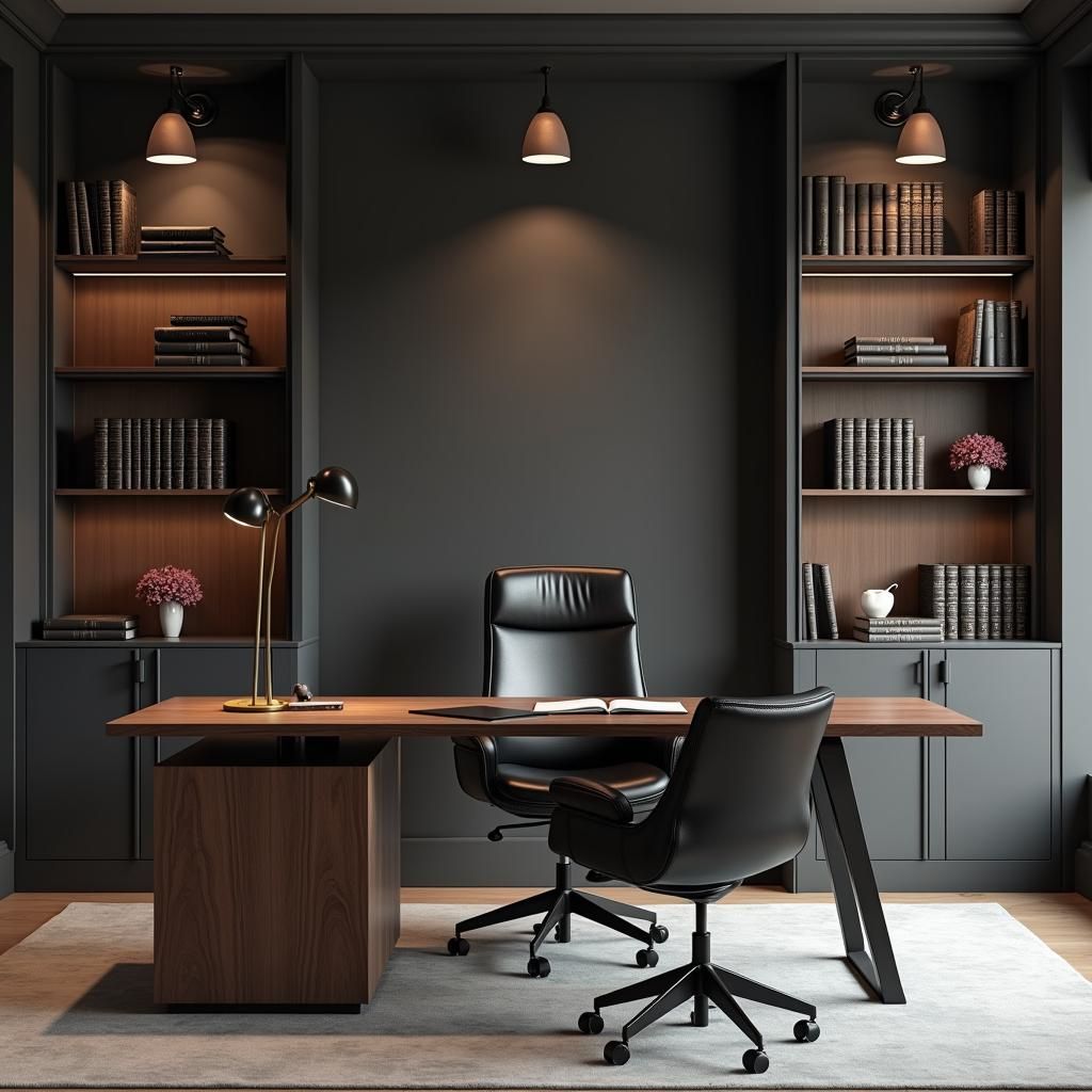 "A modern rectangular executive desk featuring a warm natural wood desktop, an asymmetrical dark metal angled leg base, and a blocky wood storage pedestal."