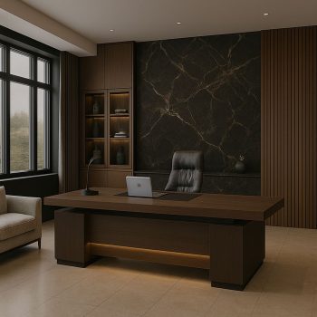 "A massive dark walnut wood executive desk featuring a thick multi-layered desktop, substantial pedestal block legs, and a recessed modesty panel with warm integrated LED under-lighting."