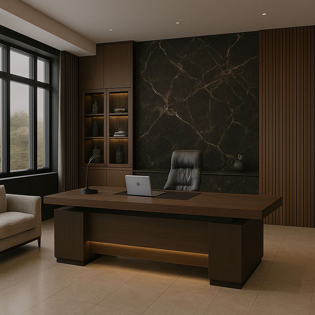 "A massive dark walnut wood executive desk featuring a thick multi-layered desktop, substantial pedestal block legs, and a recessed modesty panel with warm integrated LED under-lighting."