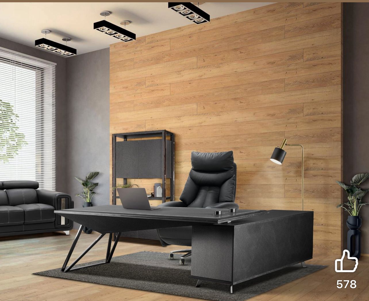 "A modern black L-shaped executive desk featuring a sharp, angled main top, a textured side return cabinet, and architectural black metal wireframe legs."