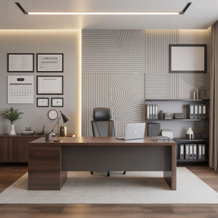 "A contemporary rectangular executive desk in a dark walnut wood finish, featuring a contrasting smooth charcoal grey front modesty panel and a block pedestal base on one side."