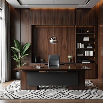 "A luxury rectangular executive desk in rich dark wood veneer, featuring a contrasting smooth matte black modesty panel and thick pillar legs."