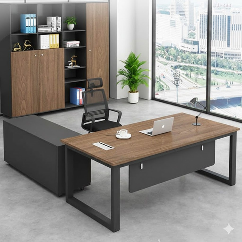 "An L-shaped manager desk with a walnut wood grain desktop, a matte dark grey metal loop frame, and a matching dark grey side storage credenza."