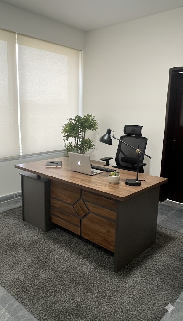"A contemporary wooden manager desk in a walnut finish with a dark grey outer frame, featuring a geometric diamond pattern panel on the front."