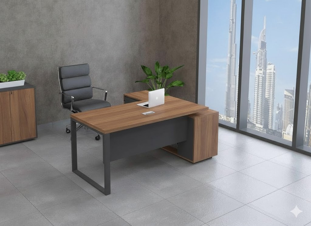 "An L-shaped manager desk featuring a teak wood grain desktop, a dark grey metal loop leg frame, and an integrated side storage credenza."