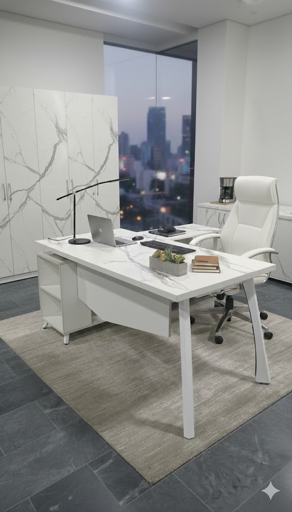 "A modern white L-shaped manager desk with a faux white marble top, white flared legs, an integrated side return cabinet, and an angular modesty panel."