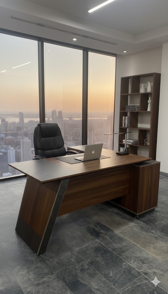 "An executive L-shaped manager desk in walnut wood grain, featuring a gray leather desk inlay, an angled side panel, and a matching side storage cabinet."