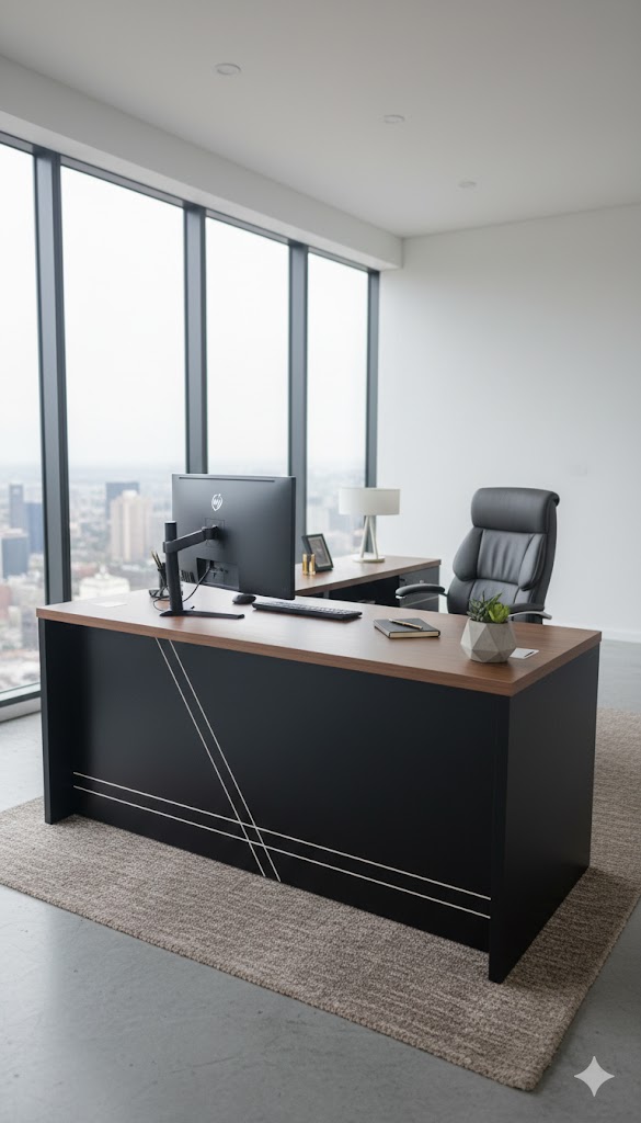 "A contemporary matte black L-shaped manager desk with a walnut wood grain desktop, featuring geometric silver inlay lines on the front modesty panel."
