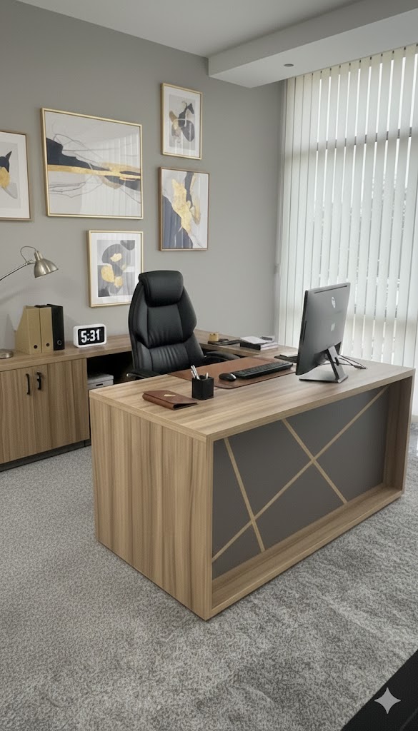 "An executive L-shaped manager desk in a light oak finish, featuring a charcoal grey front modesty panel detailed with intersecting geometric wood line accents."