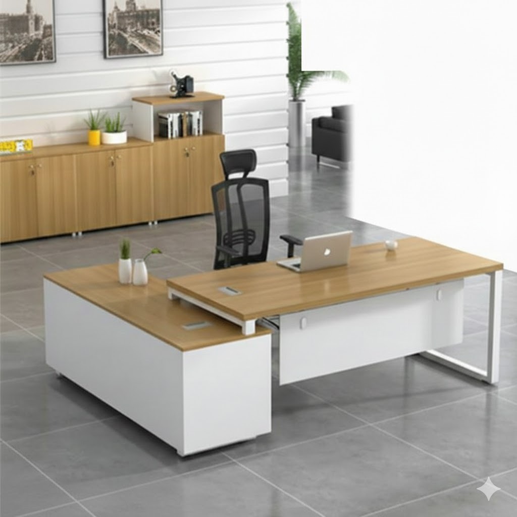 "A modern L-shaped manager desk featuring a light wood grain desktop, clean white metal loop frame legs, and an integrated white side storage return cabinet."