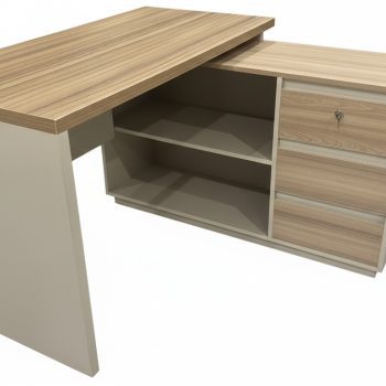 "An L-shaped two-tone manager desk with a light teak wood grain top and a beige frame, showing an integrated side return with open shelving and three drawers."