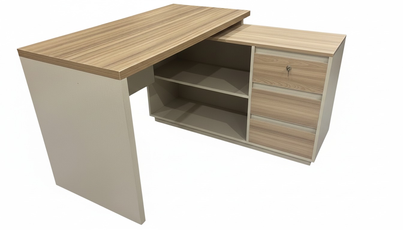 "An L-shaped two-tone manager desk with a light teak wood grain top and a beige frame, showing an integrated side return with open shelving and three drawers."