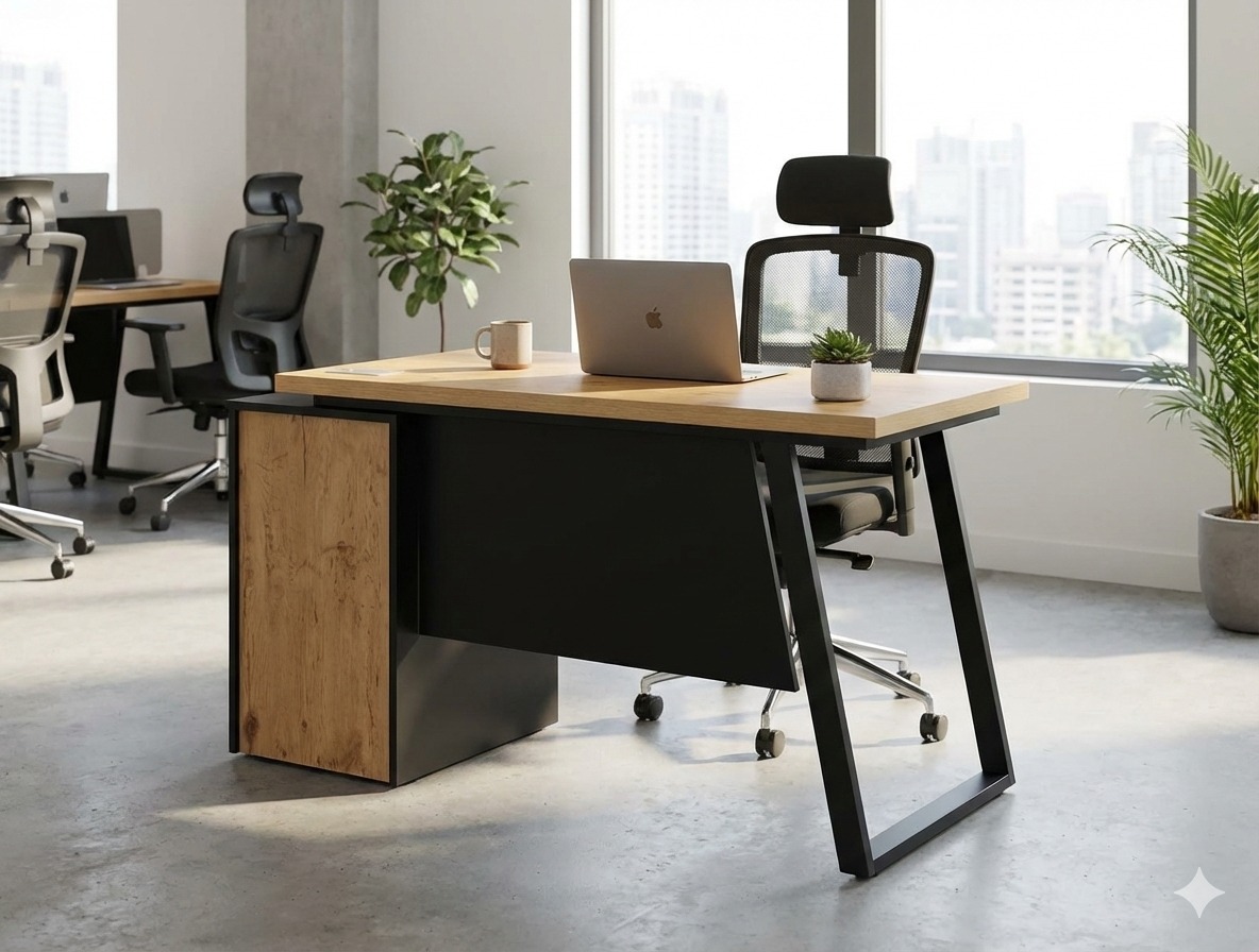 "A contemporary individual staff desk featuring a light oak wood desktop, an integrated black side storage cabinet with a rustic oak front accent, a suspended black modesty panel, and an angled matte black steel frame leg."