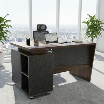 "A contemporary staff desk featuring a rich dark walnut wood top, an attached matte black side cabinet, a matching wood modesty panel with a single horizontal silver accent line, and a black metal square loop leg frame."