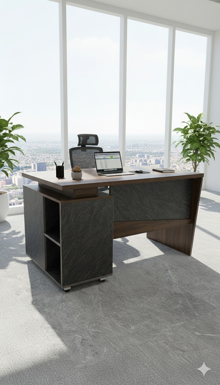 "A contemporary staff desk featuring a rich dark walnut wood top, an attached matte black side cabinet, a matching wood modesty panel with a single horizontal silver accent line, and a black metal square loop leg frame."