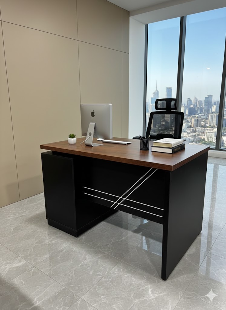"A contemporary two-tone staff desk featuring a rich walnut rectangular top, an integrated black side return cabinet, and a solid black privacy modesty panel detailed with intersecting silver accent lines."