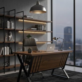 "Industrial wood and black metal staff desk with architectural X-frame legs, natural timber wood-grain top, and vertical slatted accent privacy modesty panel."