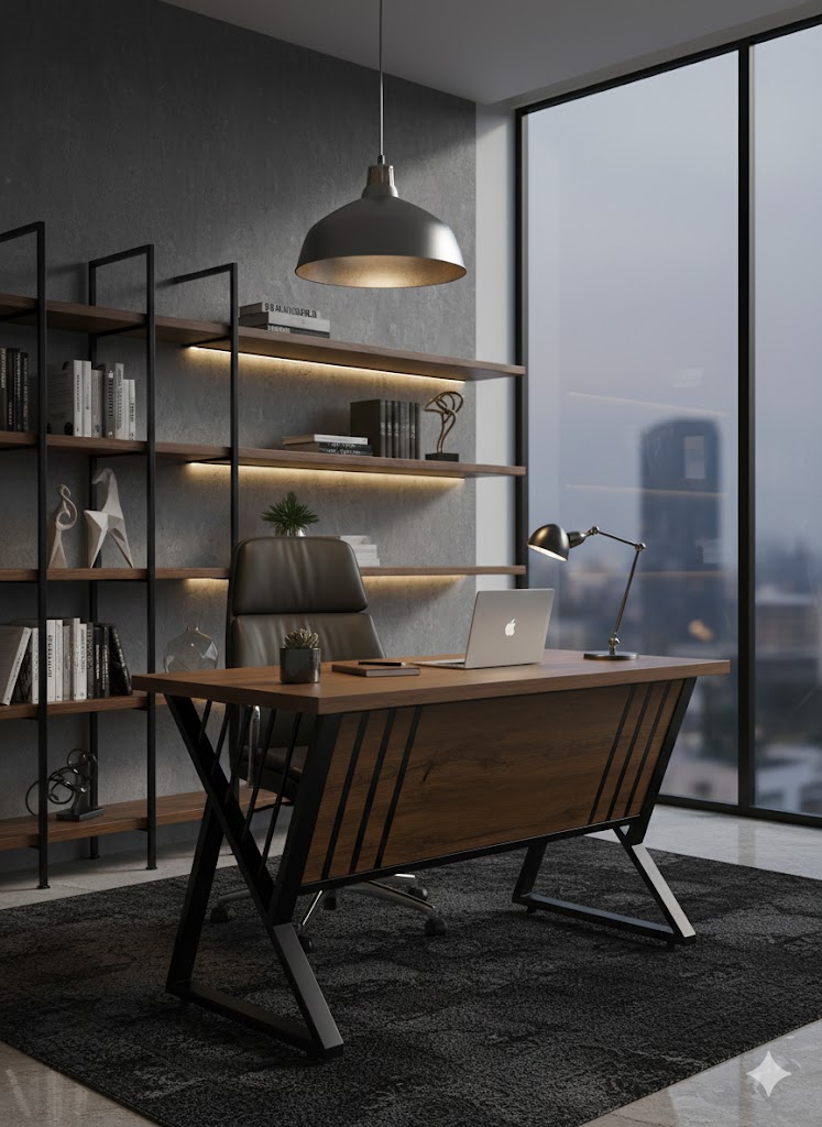 "Industrial wood and black metal staff desk with architectural X-frame legs, natural timber wood-grain top, and vertical slatted accent privacy modesty panel."