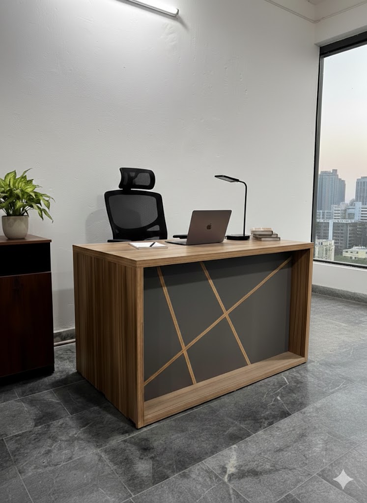 "A contemporary rectangular staff desk in a warm light oak finish, featuring a thick boxed frame and a charcoal grey front panel with intersecting geometric wood line details."