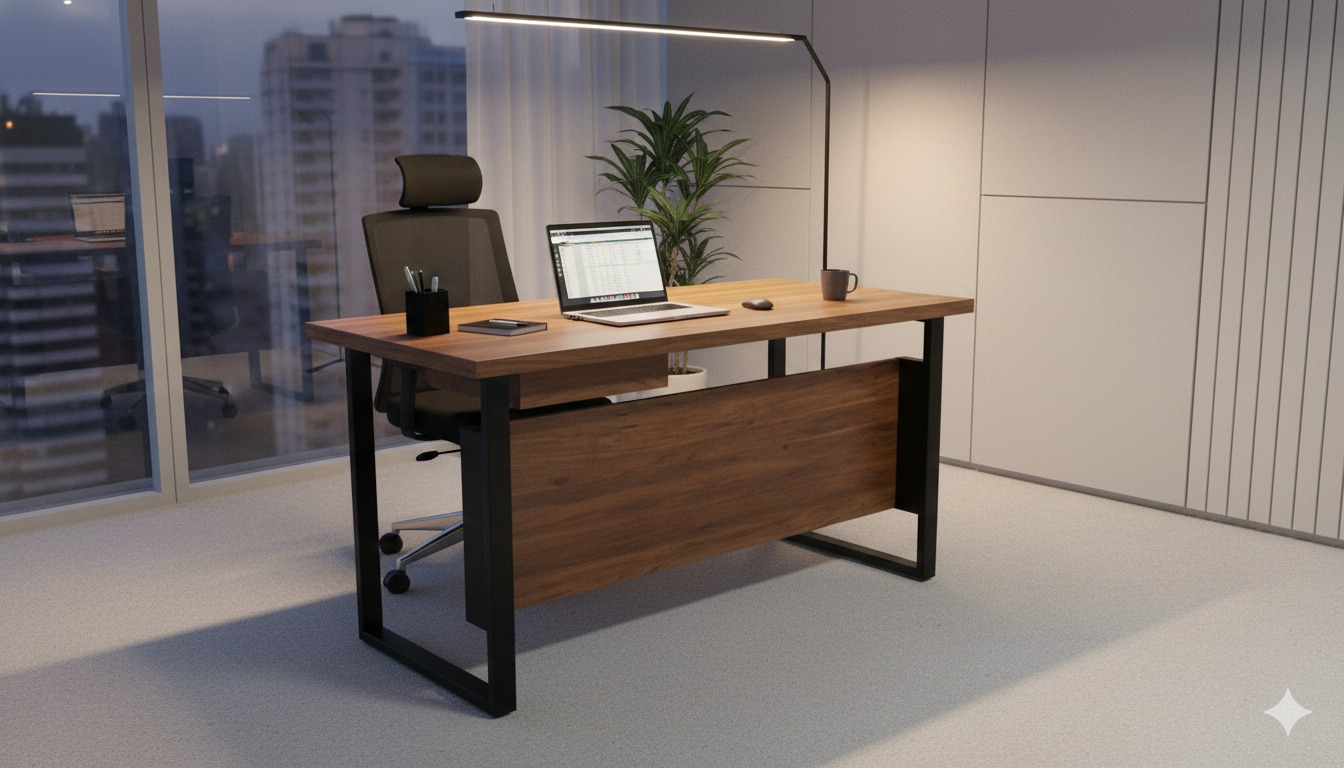 "A modern linear staff desk with a rich walnut wood grain top, matching wood modesty panel, and a sturdy matte black steel loop leg frame."