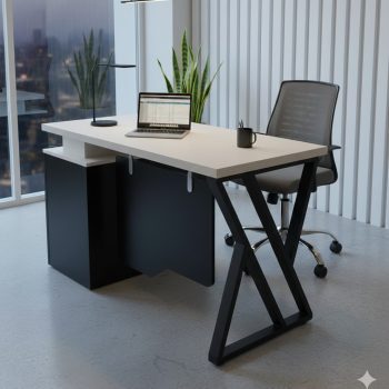 "A contemporary two-tone staff desk featuring a thick white rectangular top, a geometric black steel X-shaped leg, an attached black side storage cabinet, and a suspended black modesty pane