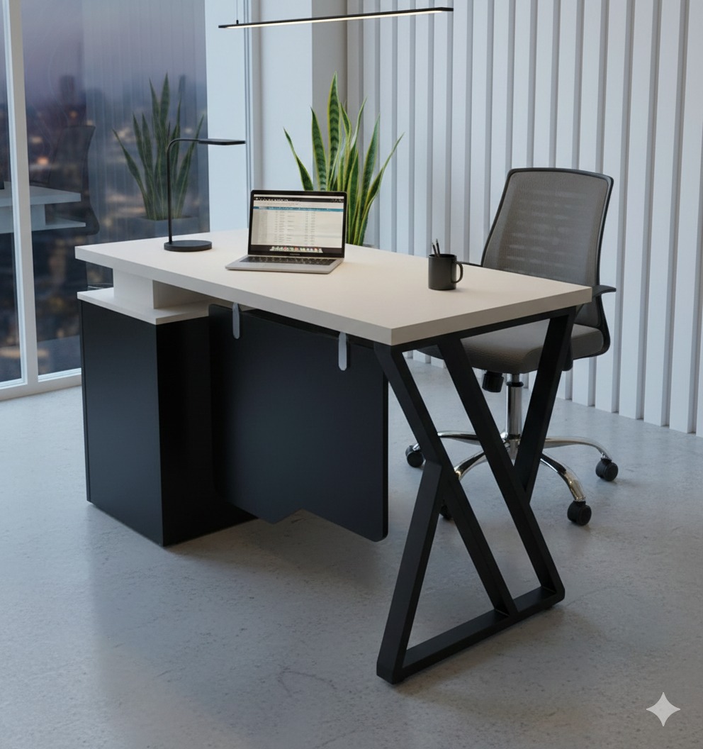 "A contemporary two-tone staff desk featuring a thick white rectangular top, a geometric black steel X-shaped leg, an attached black side storage cabinet, and a suspended black modesty pane