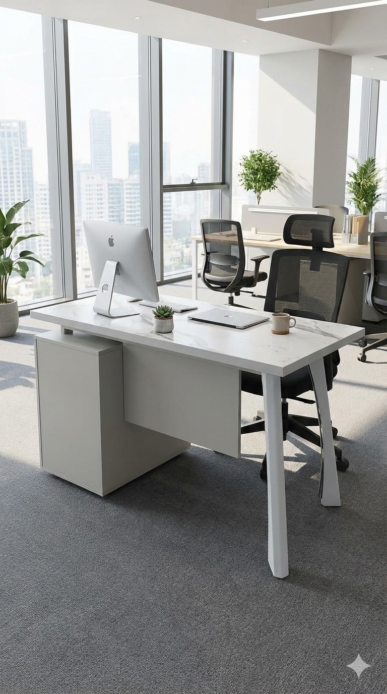 "A contemporary modern staff desk featuring a white marble-patterned rectangular desktop, an attached light grey side return cabinet, and angled light grey metal legs."