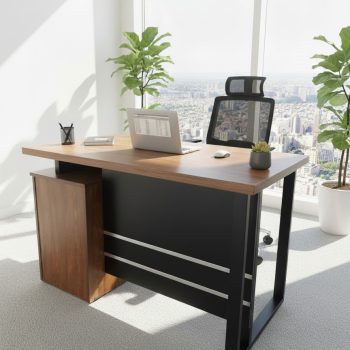 "A contemporary modern staff desk featuring a rich walnut wood grain top, an attached walnut side storage cabinet, a matte black front modesty panel with horizontal silver accents, and a black steel square loop frame leg."