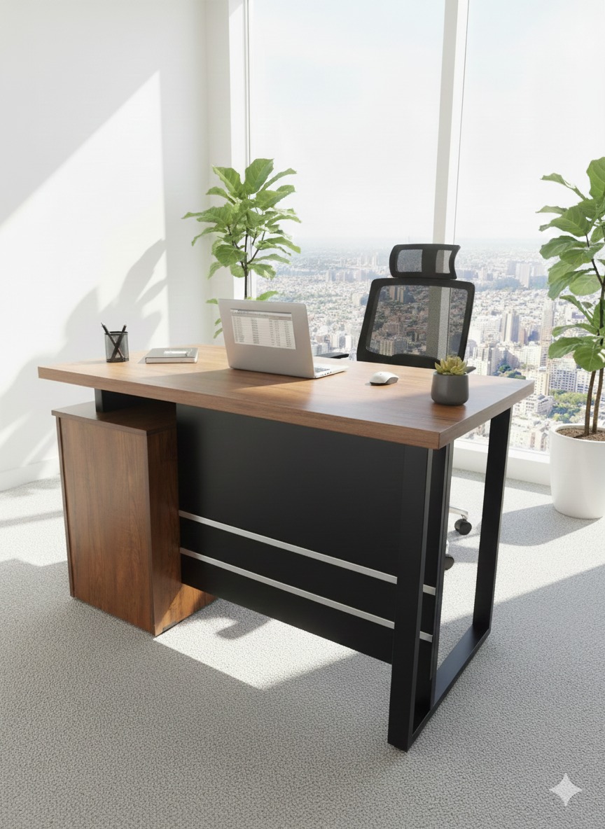 "A contemporary modern staff desk featuring a rich walnut wood grain top, an attached walnut side storage cabinet, a matte black front modesty panel with horizontal silver accents, and a black steel square loop frame leg."