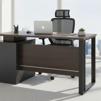 "A contemporary two-tone rectangular staff desk featuring a textured teak wood laminate top and modesty panel set within a light cream outer frame."