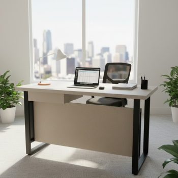 "A contemporary staff desk featuring a rich dark walnut rectangular top and matching modesty panel with a single silver line accent, supported by a black side cabinet and a black steel square loop frame."