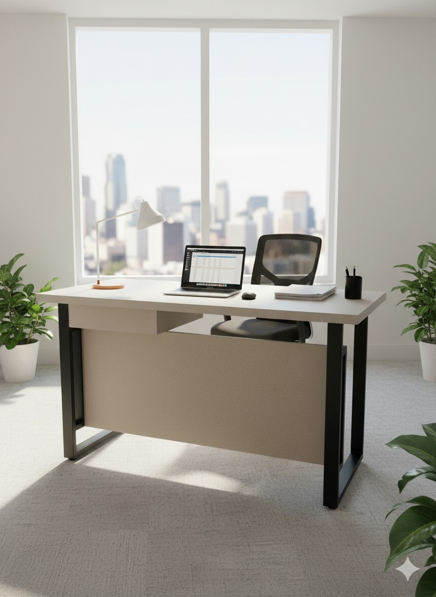 "A contemporary staff desk featuring a rich dark walnut rectangular top and matching modesty panel with a single silver line accent, supported by a black side cabinet and a black steel square loop frame."