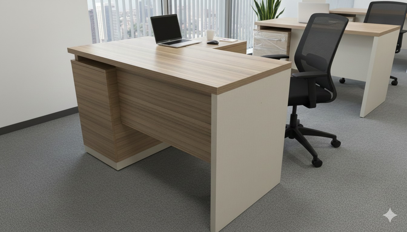 "A contemporary two-tone executive or manager desk featuring a rich teak wood laminate desktop and front panel, set within a matte beige frame structure. A small side return extends to the back-right."