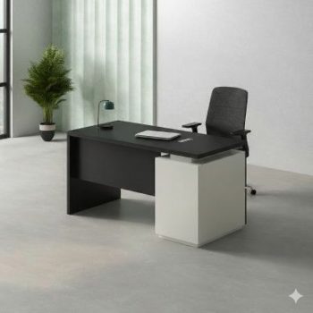 "A modern individual staff desk featuring a warm walnut wood top, an attached walnut side return cabinet, a matte black modesty panel accented with two horizontal silver lines, and a black steel square loop frame leg."