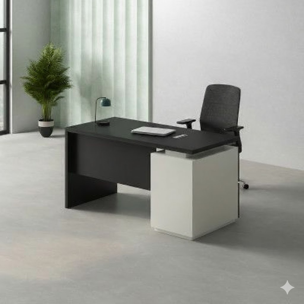 "A modern individual staff desk featuring a warm walnut wood top, an attached walnut side return cabinet, a matte black modesty panel accented with two horizontal silver lines, and a black steel square loop frame leg."